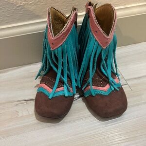 Worn once! Shea baby size 3 Fringe Western Boots with Pink and Teal Accents